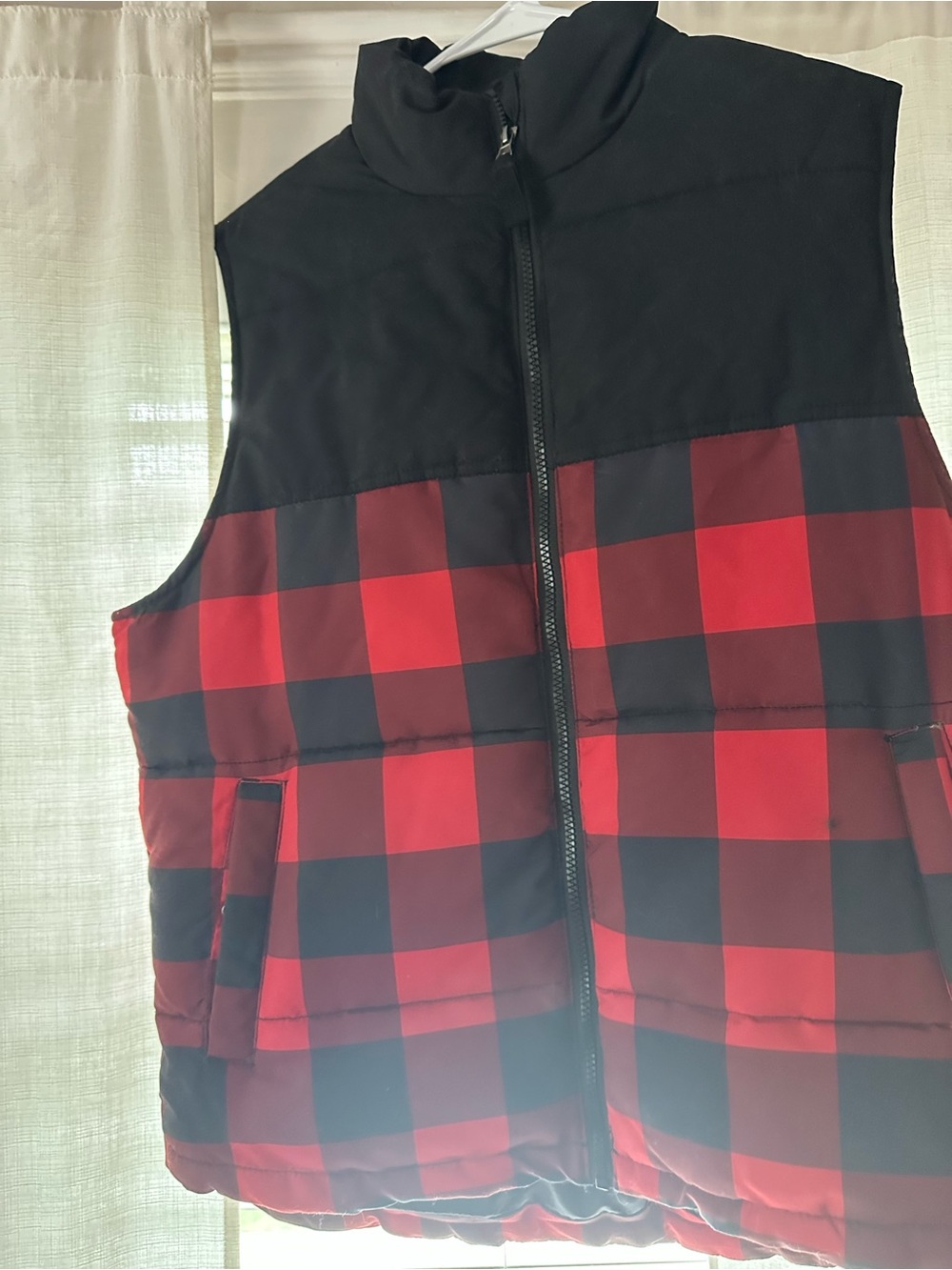 St. John's Bay Black and Red Buffalo Plaid Puffer Vest